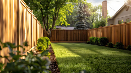 Wooden fence in the backyard and lawn.