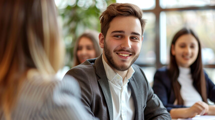 smiling businessman sitting at a table with a group of young people in an office