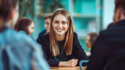 smiling business woman sitting at a table with a group of young people in an office