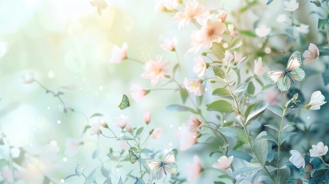 This serene spring background features delicate butterflies dancing amongst a soft-focus scene of blooming flowers and lush greenery, awash in light and a gentle blue hue