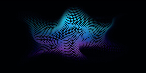 Flowing dot particles wave 3D curve pattern blue and green gradient light isolated on black background.