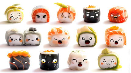 Collection of 3D cute cartoon different types of sushi, with different emotions isolated on white background
