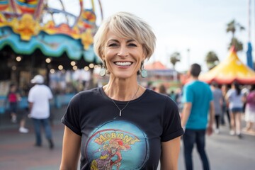 Portrait of a smiling woman in her 50s sporting a vintage band t-shirt while standing against vibrant amusement park