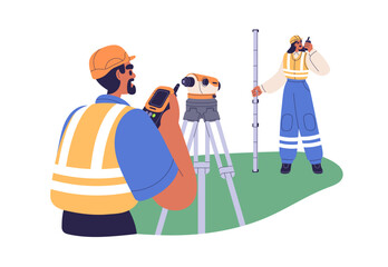 Surveyor engineers work with geodetic equipment. Building workers with theodolite, levelling pole and walkie-talkie, surveying measurement tools. Flat vector illustration isolated on white background - obrazy, fototapety, plakaty