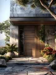 Fototapeta na wymiar Modern house with wooden door, stone walkway, and landscaped front facade