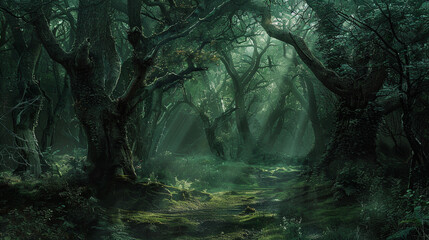 Step into the enigmatic world of a dark green forest, where nature's shadows create a haunting atmosphere