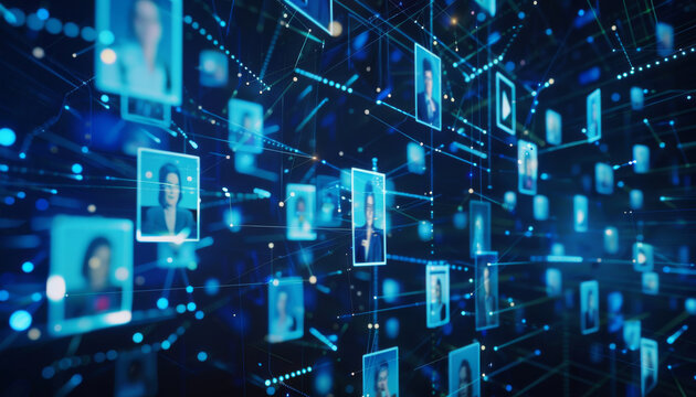 Tech, global and networking of social networks with people for digital connection, demographic and internet. Virtual, community and online with futuristic technology, big data or information.