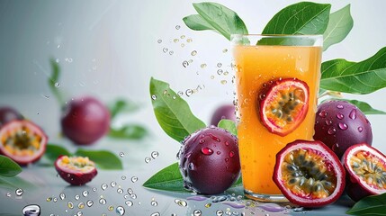 Passionfruit fruits , Passionfruit juice in a glass isolated, Passionfruit leaves floating , water drops on fruits and leaves on white background. Generative AI. - obrazy, fototapety, plakaty