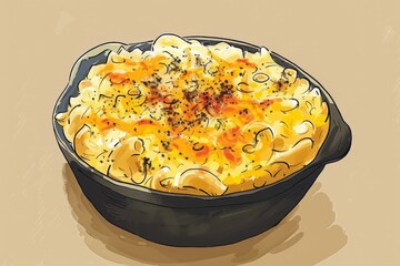 A detailed artistic illustration of a casserole dish filled with creamy macaroni and cheese, baked to perfection.