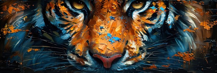 Warm orange and blue tones accentuate the majestic beauty and depth of the tiger’s face in a mesmerizing abstract representation