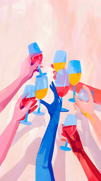 Art design drawing illustration of multiple hands holding up wine glasses. Party, celebration modern design