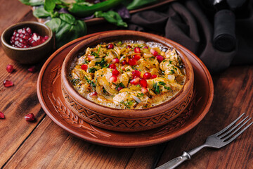 Savory shrimp hummus plate with pomegranate