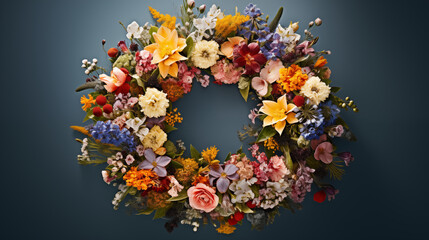 A bundle of colorful flowers arranged in a circular wreath, with an open space in the center for typography