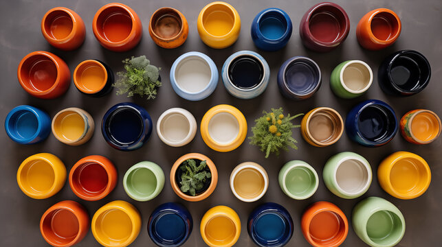 A collection of colorful ceramic pots arranged in a circle, leaving a clear space in the center for typography
