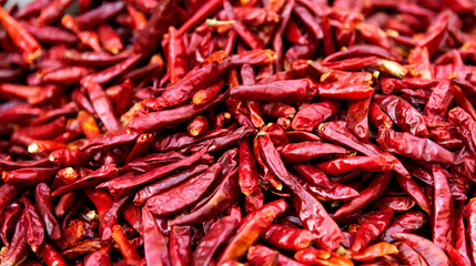 Pile of dry chili peppers in market