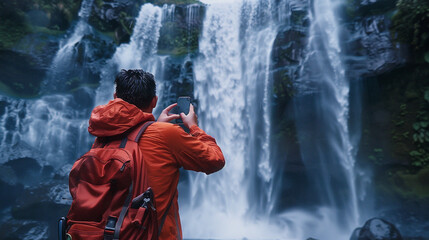 Step into the joyous moment as AI creates an image of a happy tourist capturing a selfie in front of a majestic waterfall