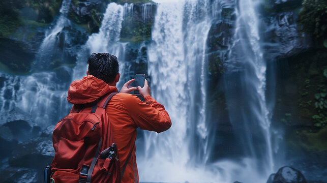 Step into the joyous moment as AI creates an image of a happy tourist capturing a selfie in front of a majestic waterfall