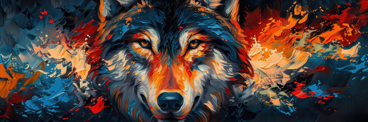 Capture the deep, soulful eyes of a wolf against the dynamic backdrop of fiery reds and calm blues in artful harmony