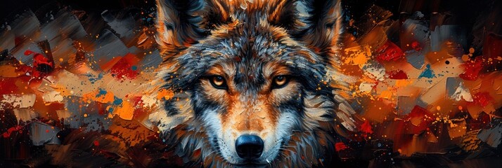 This digital art piece showcases the intense gaze of a wolf amidst a flurry of colorful abstract splashes, conveying a wild and free spirit - obrazy, fototapety, plakaty