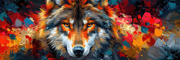 A captivating wolf gaze pierces through a backdrop of abstract color splashes, reflecting a primal spirit - obrazy, fototapety, plakaty