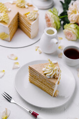 Elegant layered cake slice on a white plate