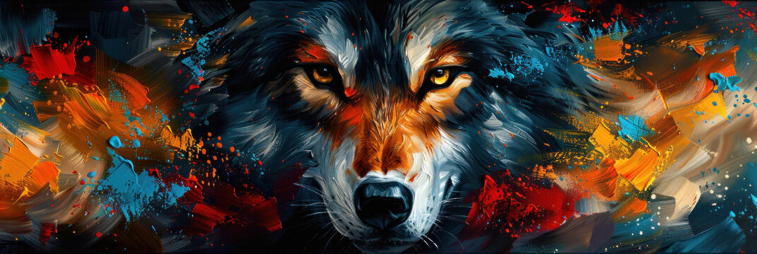 Capturing a wolf's steady gaze, this image explodes with vibrant colors and dynamic textures, symbolizing untamed nature and creativity