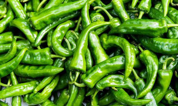 Pile of green peppers in market