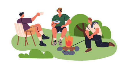 Young friends sitting by campfire. Men talking at fire, resting on summer holiday, leisure, recreation. Guys campers relaxing by bonfire outdoors. Flat vector illustration isolated on white background