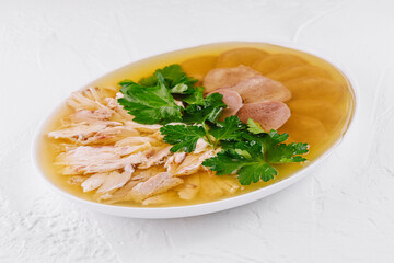 Homemade chicken aspic with parsley and slices of bread