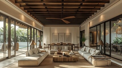 The living room in an elegant villa, featuring neutral tones and light wood accents with natural lighting. The ceiling is made from dark brown wooden panels. Generative AI.