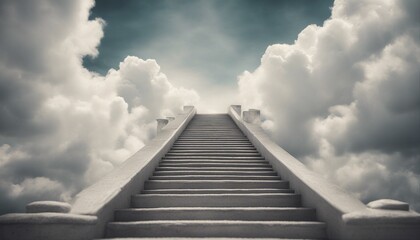 A white stairway ascends through fluffy clouds towards the sky, evoking the concept of a journey to heaven.