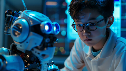 Child working on a Robotic machine - young Robotics Researcher.