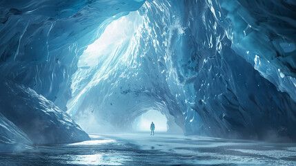 Step into the realm of glacial exploration with an AI-generated image featuring a person standing at the entrance of a magnificent glacial cavern, depicted in high definition. 