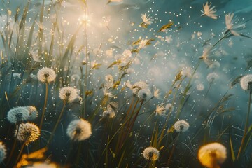 A field of dandelions swaying in the wind, with the sun shining in the background.