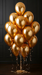 Golden balloons with ribbons on a black background. 3d render