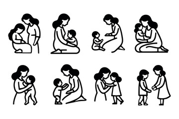 Set of mother and baby pictograms flat icons isolated on white background, vector