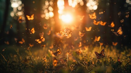 The sunrise in the forest, butterflies are flying. Generative AI.