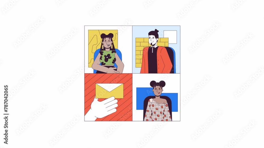 Poster diverse business team on videocall line 2d characters animation. internet video chat flat color cart