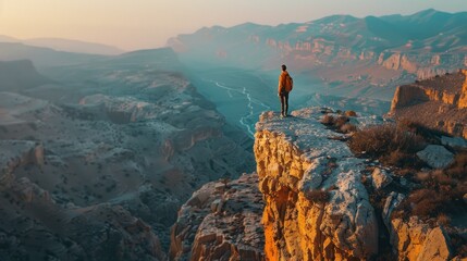 Extreme Drone Selfie Of Adventurer Perched On Summit Mountain Cliff Edge Overlooking Valley - AI...