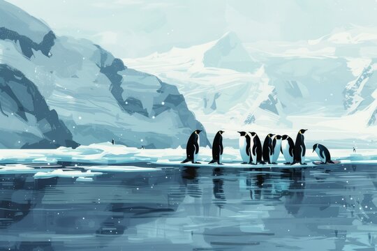 A group of penguins is seen walking across a body of water, their webbed feet propelling them forward in unison.