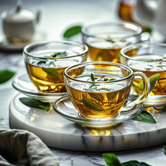 Transparent cups of golden herbal or green tea are elegantly arranged on a marble tray, adorned with fresh green leaves. The soft lighting creates a warm and inviting ambiance - 787042224