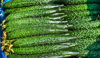 Rolgordijnen Pile of fresh cucumbers in market © xy