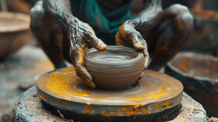 The hands of a potter skillfully shaping a clay bowl on a spinning potter's wheel. The potter's hands and the wheel are coated with the slick, muddy texture of wet clay - AI Generated Digital Art