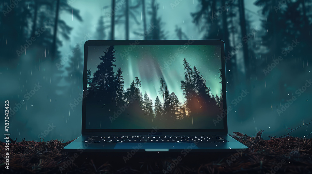 Aufkleber laptop with aurora screen, a laptop set in a dark, nighttime forest background, with the screen show