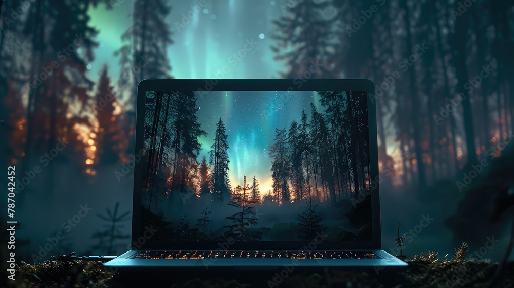 Aufkleber laptop with aurora screen, a laptop set in a dark, nighttime forest background, with the screen show