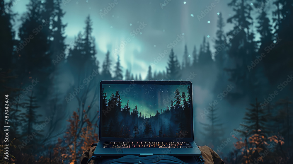 Aufkleber laptop with aurora screen, a laptop set in a dark, nighttime forest background, with the screen show