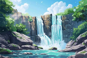A captivating painting showcasing a majestic waterfall flowing through a dense forest.