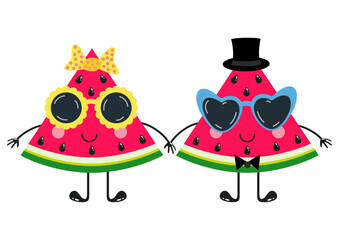 Funny watermelon slice mascot couple with sunglasses - 787042439