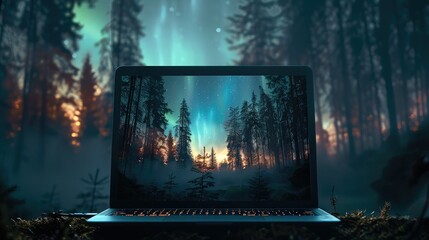 Laptop with aurora screen, A laptop set in a dark, nighttime forest background, with the screen showing a live feed of the aurora. Generative AI.