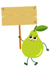 Funny pear mascot holding a wooden sign - 787042454